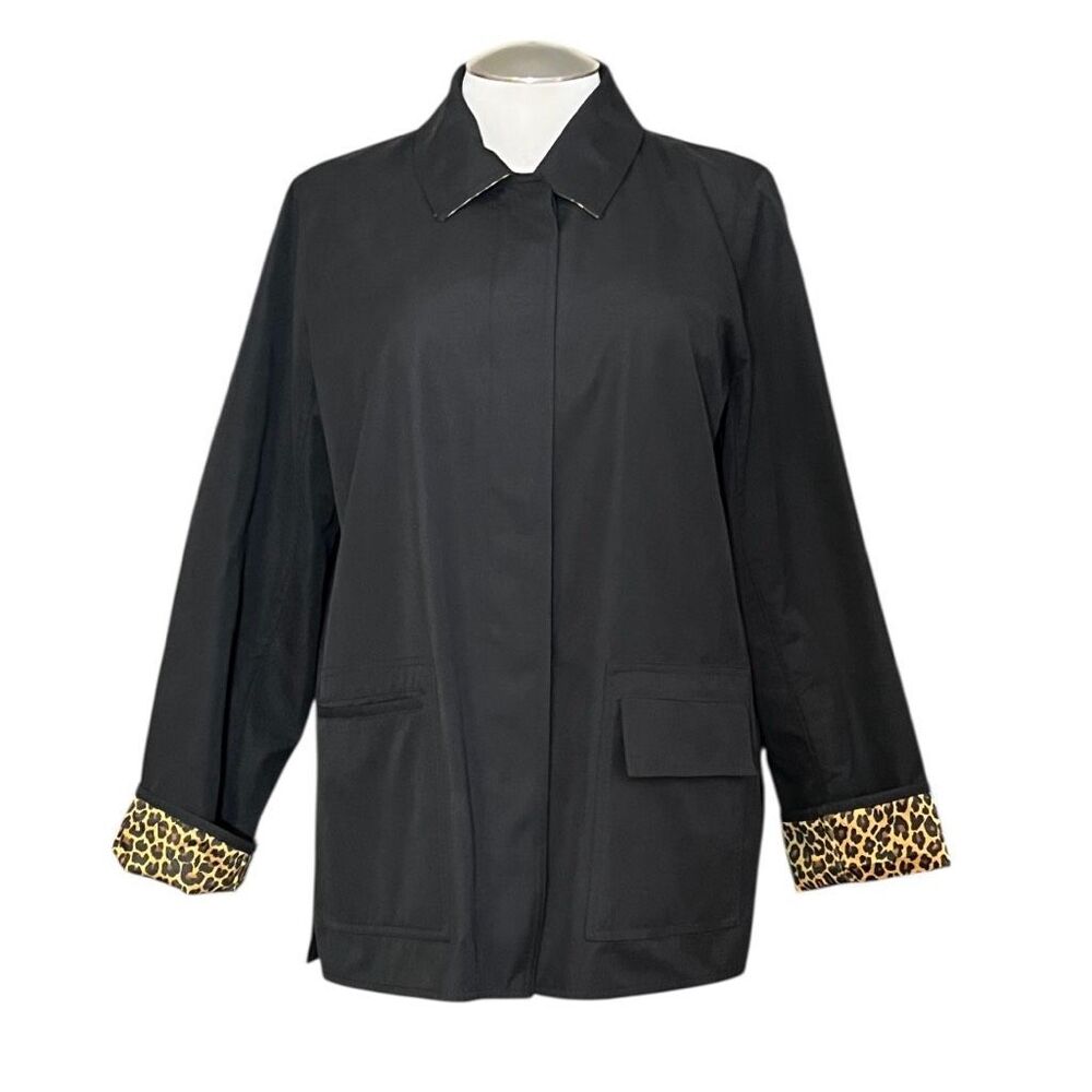 Dennis Basso Black Leopard Print Lining & Cuffs Snaps Button Closure Sz L